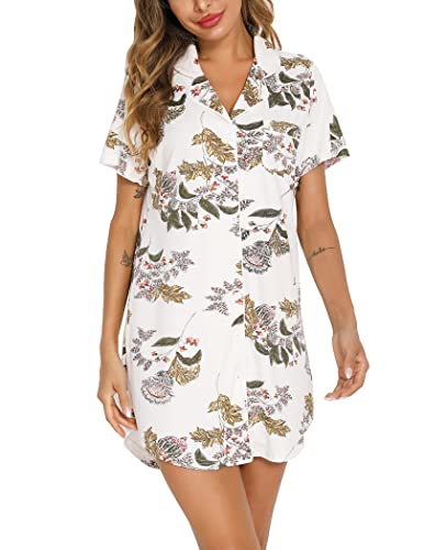 Image of Samring Pajama Nightgown for Women Short Sleeve Button Down Boyfriend Night Gown Nightdress Sleep Shirts