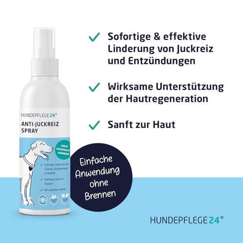 Hundepflege24 Anti Juckreiz Spray für Hunde 125ml - Akute Soforthilfe & wirksame Beruhigung bei Entzündung, Milben, Grasmilben, Pilzen, Flöhen - Haustierpflege Mittel gegen Juckreiz Hund
