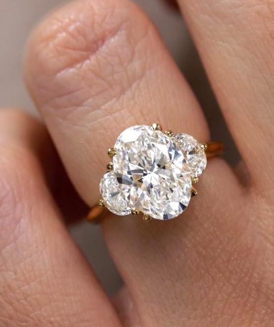 2.50 CT Oval Cut Diamond Engagement Ring, Three Stone Engagement Ring, Side Half Moon Lab Diamonds, 14k Solid Yellow Gold Plated Diamond Ring,Gifted Ring For Her,size 3-12.4