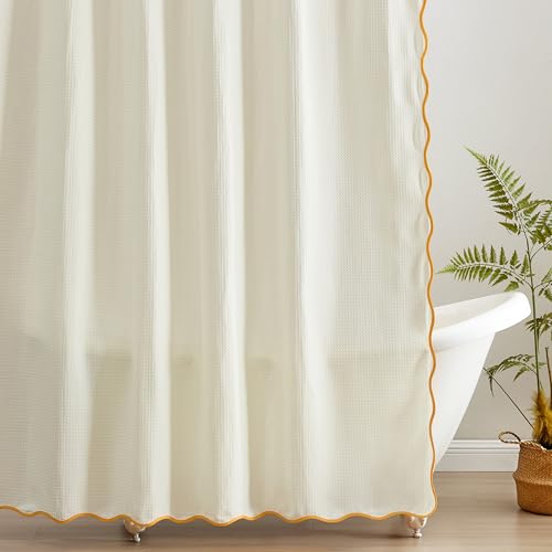 MONDAY MOOSE Scalloped Waffle Weave Shower Curtain with Rustproof Metal Grommet Holes for Bathroom Machine Washable Hooks Included (72x72 inch Mustard/Cream)