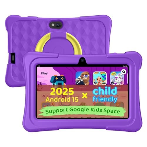 aiprotablet Kids Tablet, 7 inch Android 15 Tablet for Kids, 8GB+32GB 1TB Expand, Quad-Core Toddler Tablets with Shockproof Case, BT5.0, WiFi 5, Parental Control, Games, Dual Camera (Purple)