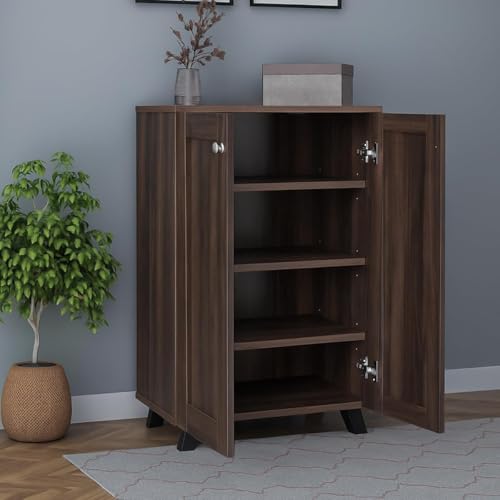 Image of Mevigo Shoe Rack Wooden with Door - 2 Door 4- Tier Engineered Wood Shoe Rack Organizer for Entryway, Hallway & Bedroom, Space Saving Shoe Storage Cabinet -Brown-JB1