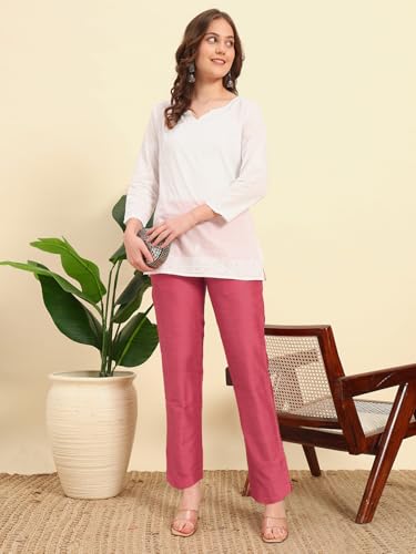 Image of Vogaan Women's Cotton Silk Pant | Half-Elasticated Waist Slim Fit Trouser for Women | Casual Pocket Pants for Office Formal Daily Use