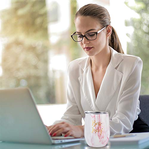 Boss Lady Wine Tumbler Cupcake Wine Socks Set, Bosses Day Christmas Gifts For Women Boss Female Friend Mom, 12 Oz Insulated Stainless Steel Winetumbler With Lid, Socks, Opener, Stopper, Pink Marble #TOP2