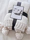 Threshold Knit Throw Decorative Blanket Pom-Pom Trim Tassels 50'×60' Cream Moden Home Decor