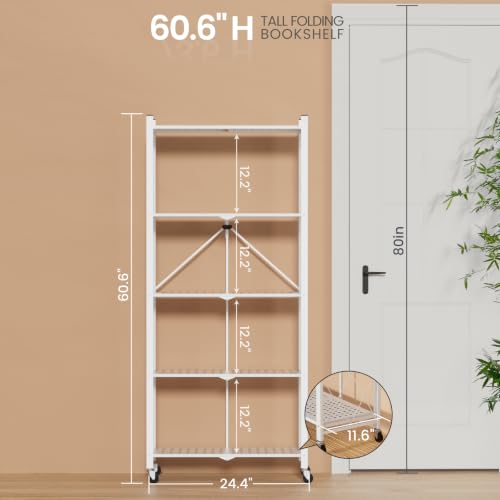 Image of ALANNG 60.6 Inch Folding Bookshelf, 5 Tier Metal Bookcase and Bookshelves