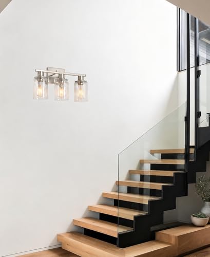 Image of Brushed Nickel Bathroom Light Fixtures Over Mirror,3-Light Bathroom Vanity Light with Clear Glass Shade,Modern Farmhouse Wall Sconces Lighting for Mirror Kitchen Living Room Cabinet
