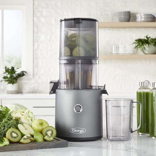Omega Easy Clean Fruit and Vegetable Juicer - Slow Chewing - Effortless Series - with Extra Large Hopper for No Prep - 1.927.8oz Capacity - 150W - Grey