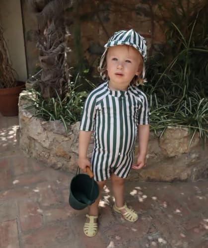 Image of Toddler Boys One Piece Bathing Suit Zipper Short Sleeve Rash Guard Swimwear Quick Dry Green Stripe Swimsuit