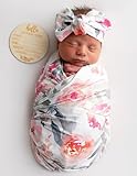 Vollmic Newborn Baby Girl Receiving Blanket Swaddle Blanket Stretchy Knit Swaddle Set with Matching Headband Beanie with a Name Card (Pink Floral Ink Leaf)