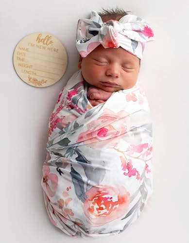 Image of Vollmic Newborn Baby Girl Receiving Blanket Swaddle Blanket Stretchy Knit Swaddle Set with Matching Headband Beanie with a Name Card (Pink Floral Ink Leaf)
