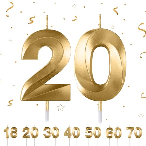 Bougies d'anniversaire avec chiffres pour gâteau, forme de diamant 3D, bougies de gâteau en forme de chiffre 18,20,30,40,50,60,70 paillettes (doré 20)