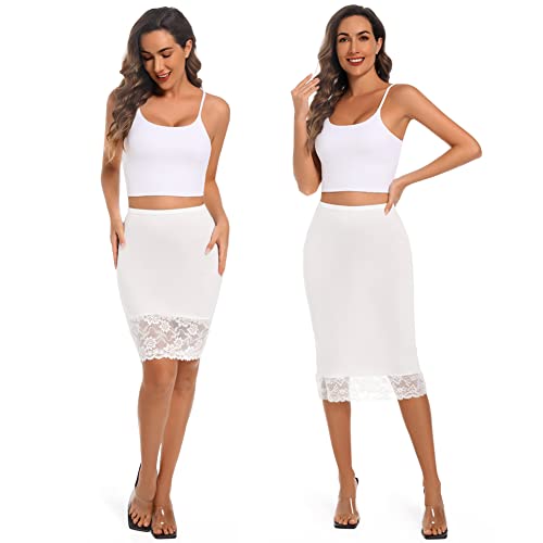 Mirpsen Half Slips For Under Dresses - Women's Anti-Static Half Slip Skirt Shirt Extender Underskirt Short Lace (2 Pcs Cotton - White, Large) #TOP1