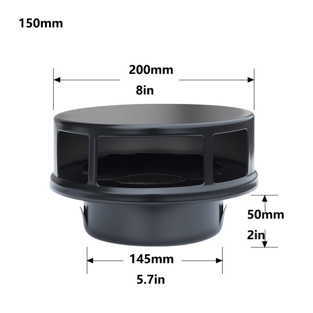 Rejilla de Ventilación Redonda de Acero Inoxidable de 70-200 mm, Campana de Ventilación, Malla Antiinsectos, Cubierta de Extracción de Aire con Lamas, Campana Extractora, Secadora(Zwart,150mm/6in)