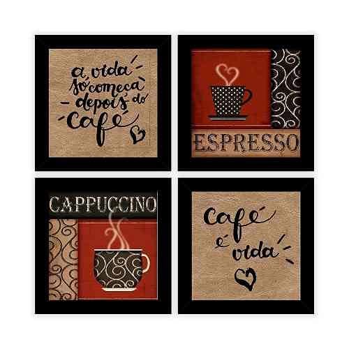 Kit 4 Quadros Decorativos 19x19 cm cada com MOLDURA Compos&ecirc; A Vida Come&ccedil;a Depois Do Caf&eacute; (Preto)