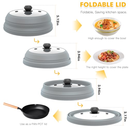 Image of Microwave Splatter Cover Vented Glass Splatter Guard Lid with Collapsible Silicone for Food as Pot Cover 11.8 inch Large Plate for 6 7 8 9 10 11 inch Plate Bowl Light Grey