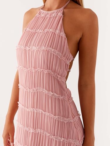 Image of Women Summer Halter Neck Maxi Dress Flowy Ruffle Tiered Sleeveless Sundress Boho Backless Spaghetti Strap Long Dress