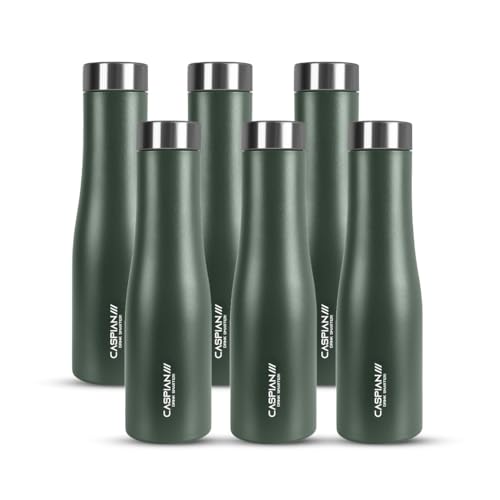 Image of CASPIAN / / / Aqua ISI Certified Stainless Steel Water Bottle 1ltr. (M Green, 1 Litre, Set of 6) | Leak Proof Thunder for Fridge Home Office Travel School Kids Boys Girls Adults Sports Gym Yoga|BPA Free