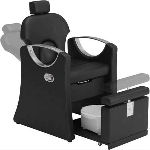 YOCONYO Reclining Pedicure Station for Nail Tech, Adjustable No Plumbing Pedicure Chair with Massage Foot Bath Basin,Adjustable Headrest and Backrest for Salon,Spa (Black, Silver Frame)