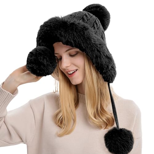 Rayson Bonnet Hiver Femme Tricoté Chaud avec Pompon Doublure en Polaire Mode Chapeau pour en Plein Air Protection Contre Le Froid(Noir)