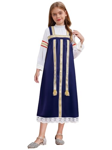 Child Girls Russian Ethnic Performance Dress Embroidered Blouse with Overalls and Headpiece White&Navy Blue 3 Years