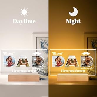 Personalised Gifts for Dad from Daughter and Son, Personalised Photo Frame with Night Light, Custom Acrylic Plaque Picture Frame with Photos, Customised Birthday Gifts for Dad
