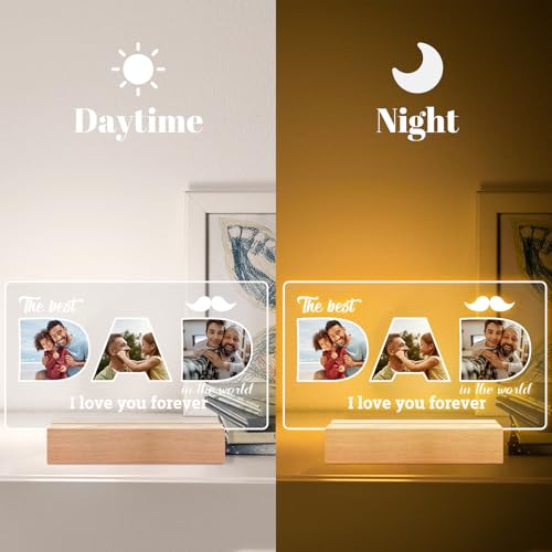 Personalised Gifts for Dad from Daughter and Son, Personalised Photo Frame with Night Light, Custom Acrylic Plaque Picture Frame with Photos, Customised Birthday Gifts for Dad