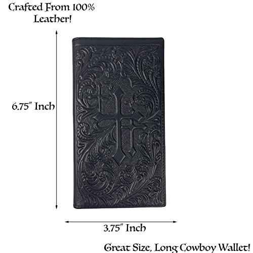 Urbalabs Western Cowboy Leather Long Wallets for Men Checkbook Tooled Wallet Tri Cross Bifold Long Cowboys Billfold Hand Stitched Rodeo RFID Blocking Mens Long Wallet Rodeo Style Cowboy Up (Black) - Image 3