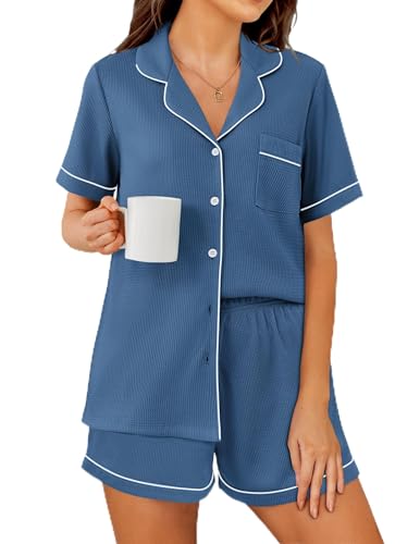 Image of Ekouaer Womens Waffle Knit Pajama Sets Soft Short Sleeve Button Down Sleepwear Cozy 2 Piece Pjs Shorts Set