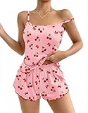 Ekouaer Schlafanzug Damen Kurz Pyjama Set Ärmellos Hausanzug Rüschen Nachtwäsche Spaghettiträger, Rosa, XXL