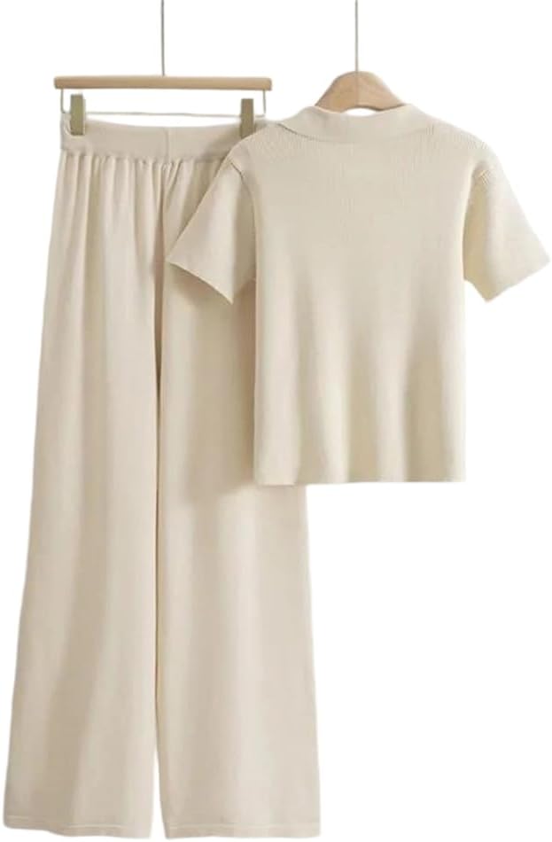 Women Polo Neck Short Sleeved Knitted Tops Up Elastic Waist Pants 2-Piece Set Casual Suit