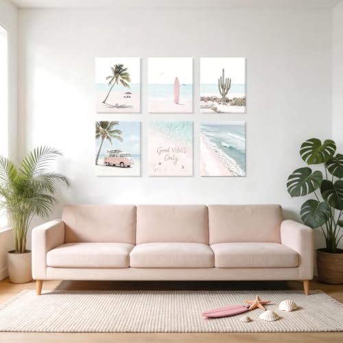 Image of CHDITB Beach Framed Canvas Wall Art,Pink Coastal Palm Tree Surf Decor