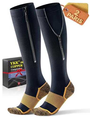 Medical Zipper Compression Socks 20-30 mmHg for Women & Men (2 Pairs) - Easy On Copper Compression Socks for Circulation, Swelling, Odor Control, Athletic, Travel, Flying