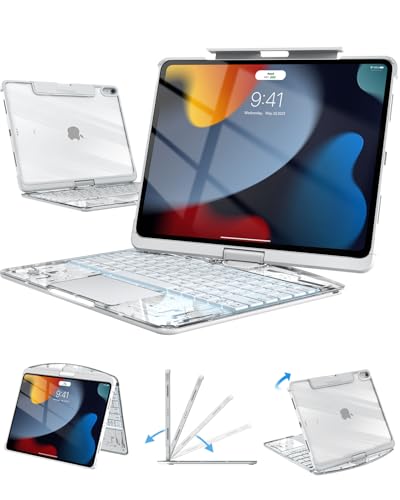 Image of Wireless Keyboard Case for iPad 9th (7th, 8th, and 9th Gen) 10.2 Inch, Transparent Protective Cover with 7-Color Backlit Keyboard, 360 Rotating Stand, Multi-Touch Trackpad and Pencil Holder