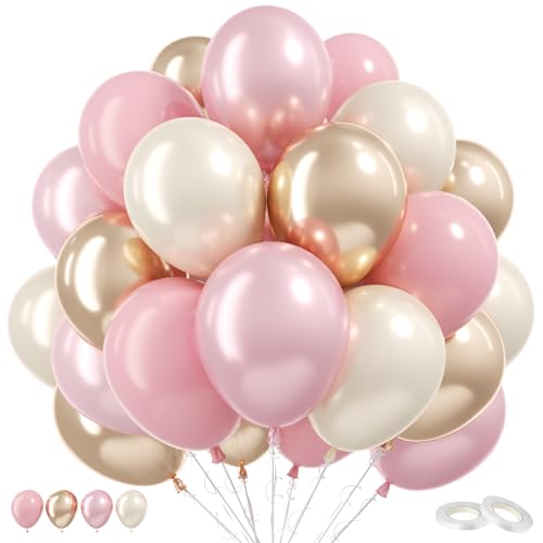 Image of Pearl Pink Gold Balloons, 50pcs Double Stuffed Pearl Pink Beige Balloon Metallic Gold Balloons for Women Girls Boho Birthday Bridal Baby Shower Floral Wedding Mothers Day Party