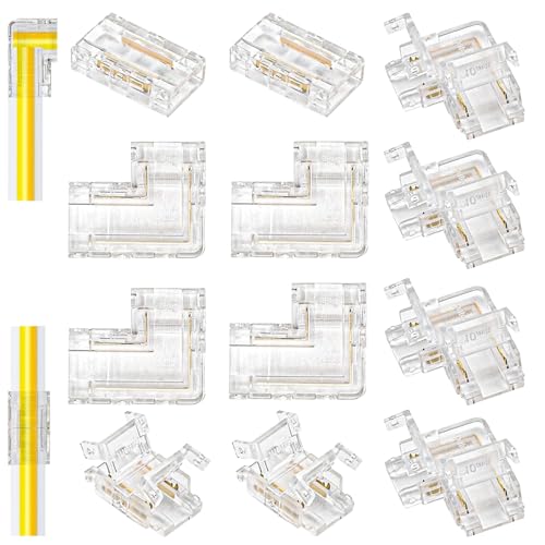 lrgnixs 12 connettori per strisce LED COB LED, connettori angolari trasparenti, connettore LED, 10 mm, 2 poli, senza saldatura, 8 x forma L + 4 x diritti, per nastri LED da 12 V 24 V, facile