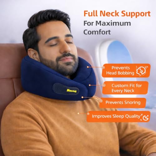 Image of HEVEA Travel Neck Pillow, 100% Memory Foam with 360 Degree Neck Support for Flight, Car, Bus, Office & Train Travel, Adjustable Velcro, Washable Velvet Cover, Free Travel Pouch, Navy Blue