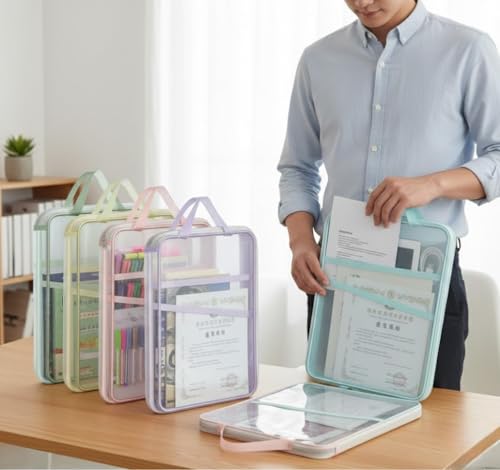 Image of Thickened Mesh Document Bag Folder, Waterproof A4 Size File Organizer with L-Shaped Zipper, 3-Layer Separation, Transparent Storage Pouch with Pastel Trim, 23.5x31x4cm