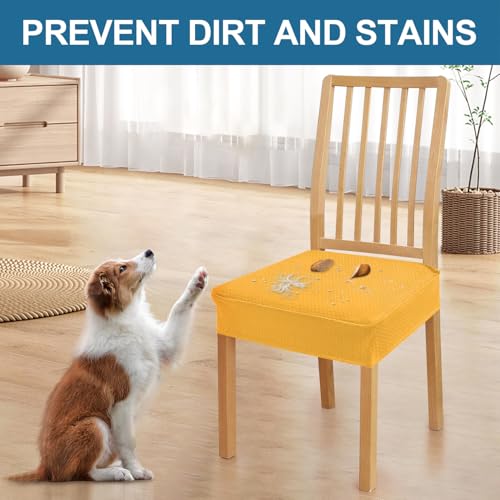 Image of Smiry Waterproof Seat Covers for Dining Room Chairs, No Rear Covers | Stretch Jacquard Removable Washable Chair Seat Slipcovers Protector, Set of 6, Mustard Yellow