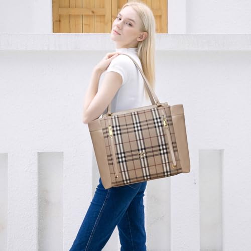 Image of miss fong Checkered Diaper Bag Tote - Leather Diaper Bag Backpack, Large Capacity Mommy Bag Hospital Bag, 12 Pockets Travel Diaper Tote with Changing Pad for Mom Plaid Tote Bag for Women-light brown
