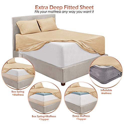 Image of Hearth & Harbor Extra Deep Pocket California King Sheet Set, Beige Cream | 4 Piece Bed Sheet Set, Ultra Soft & Breathable, Fits Up to 24 inch Mattress, Hotel Luxury
