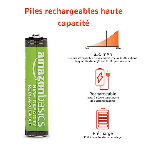 amazon basics nimh piles rechargeables aaa haute capacité, 850 mah, pré chargées, lot de 8