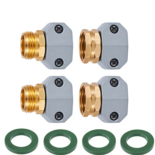 Garden Hose Repair Fittings, Aluminum Mender Female And Male Hose Repair Connector With Zinc Clamp.4 Pack With 4 Green Washers #TOP13