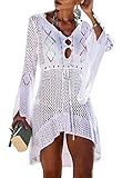 Tuopuda Damen Strandkleid Gestrickte Crochet Bikini Cover Up Sommer Boho Strandponcho V-Ausschnitt Badeanzug Bedecken Pareos Sexy Cutout Tunika Minikleid Strand Kurze Kleid Sommerkleid, Weiß