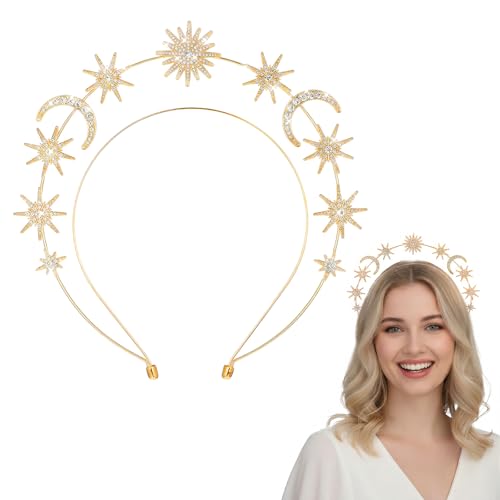Heiligenschein Stern Haarreif Gold Halo Kopfschmuck Kristall Mond Stern Halo Krone Strass Göttinnen Krone Glitzernde Tiara Haar Accessoires für Frauen Braut Hochzeit Cosplay Party