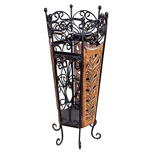 Image of Decorative Wooden & Iron Umbrella Stand for Home Decor | Handcrafted Wood & Wrought Iron Umbrella Holder | Pre-Assembled Floor Stand for Entryway, Office, Shop & Guest House | Brown & Black