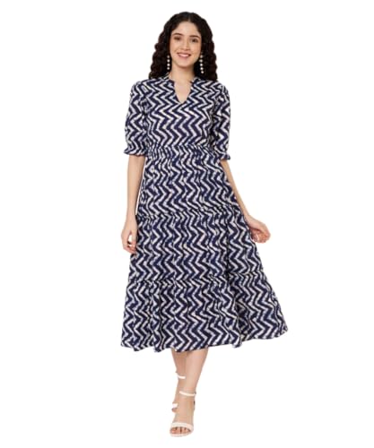 Image of PIDAVLIYA'S Women's Cotton Floral Printed Midi Dress | V-Neck Fit & Flare Dress with Puff Sleeves | Casual Summer Wear