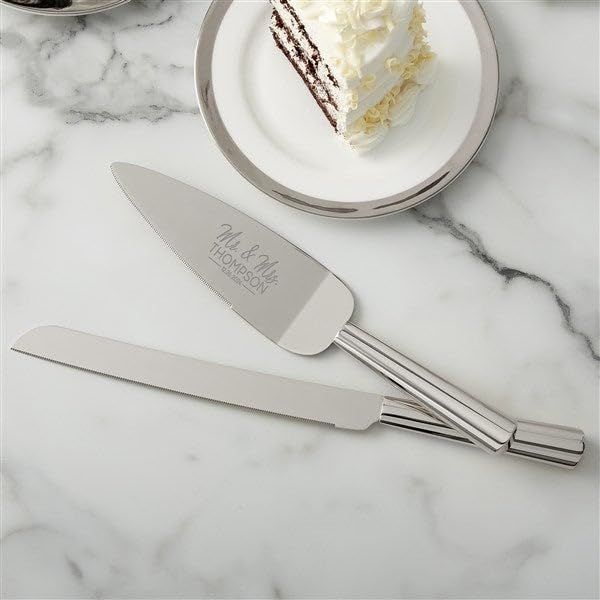 Personalization Universe Stamped Elegance Engraved Silver Wedding Cake Knife & Server Set - Customizable with Names & Date, Personalized Cake Cutting and Serving Set, Bridal Shower Gift