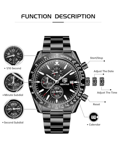 Image of BY BENYAR Watches for Men Analog Quartz Chronograph 30M Waterproof Luminous Big Face Mens Watches Business Work Sport Casual Fashion Designer Dress Men's Wrist Watches Elegant Gift for Men