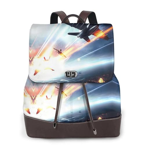 Sac à dos en cuir véritable femme motif avion design chic